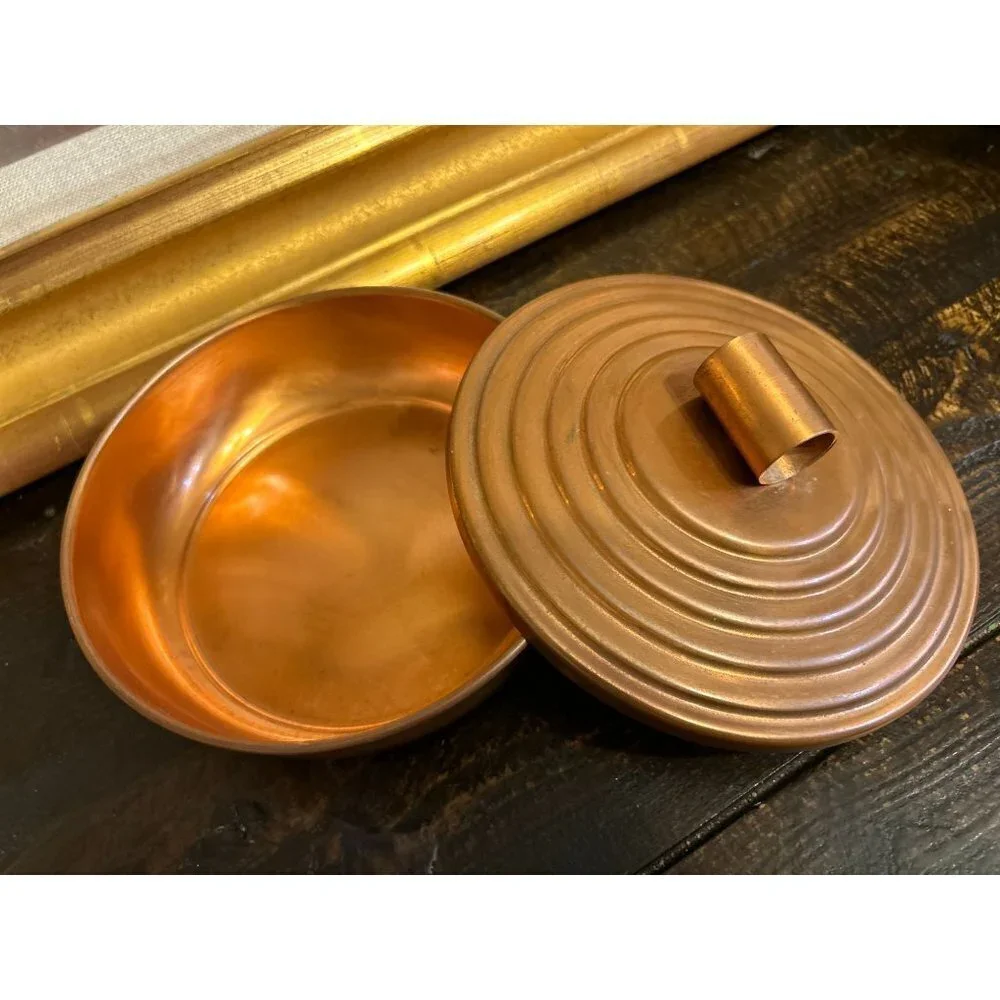 Made in USA Vintage Copper Covered Dish Round by Quincy Craftsmen  Marked 7" - Picture 7 of 12